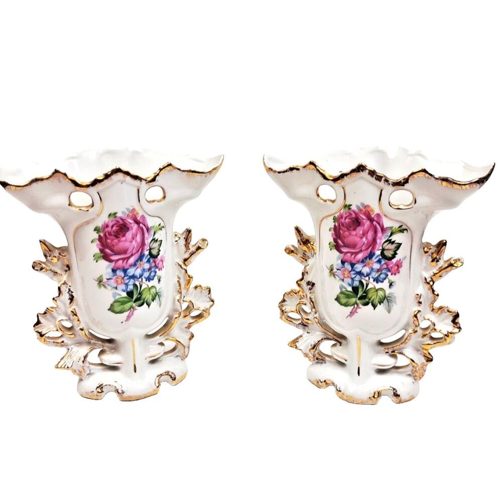 Pair Antique Circa 1900s Old Paris Style Spill Vases w Gold Trim Roses PORTUGAL